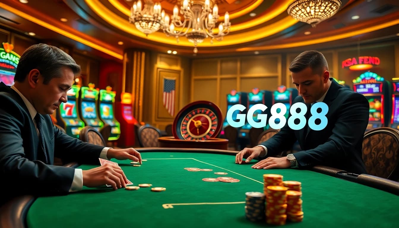 Players strategizing at the GG88 poker table in a luxurious casino setting
