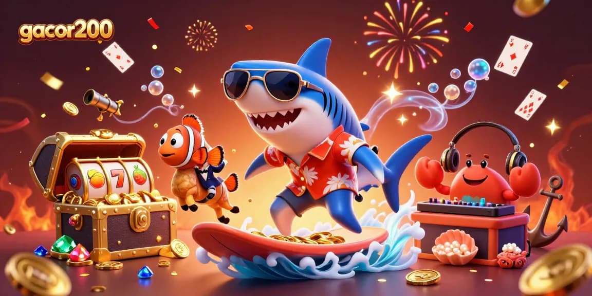 Experience the excitement of gacor200 with a lively illustration of a shark surfing on gold coins amidst vibrant casino elements.