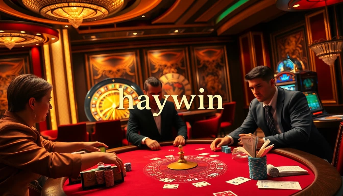 Players engaging in a thrilling poker game at a classy casino, showcasing the excitement of haywin.
