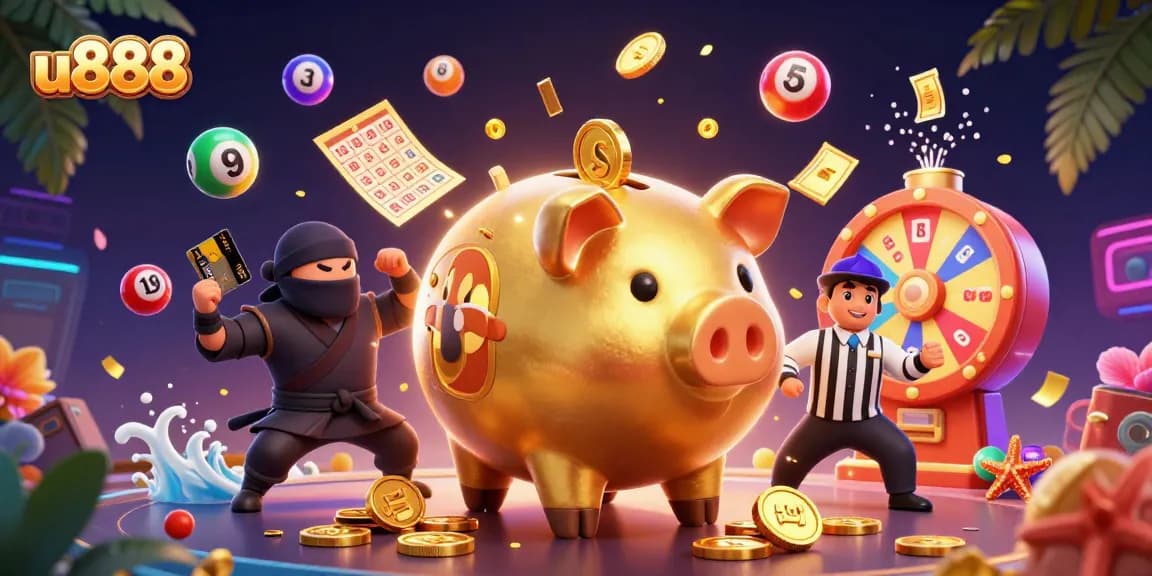 Engage with u888 through a dynamic 3D scene featuring vibrant gambling elements and characters.