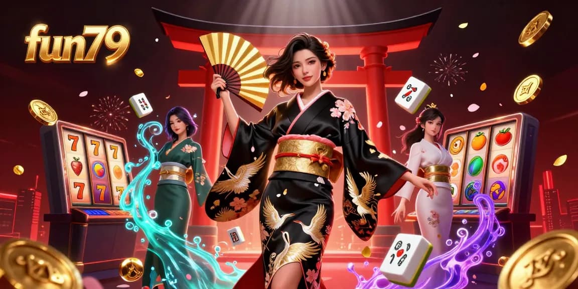 Play slots at fun79 with an elegant Asian woman in a vibrant casino scene filled with gold and luck.