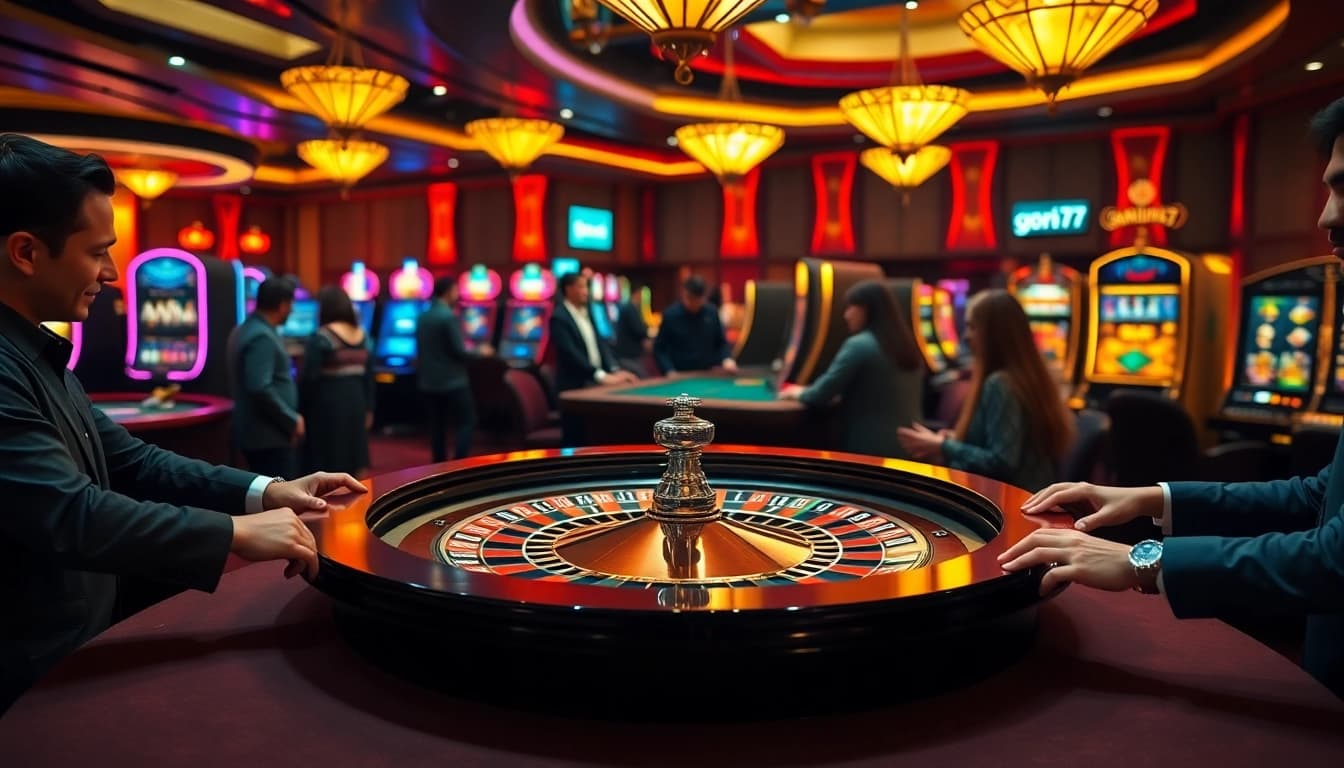 Players placing bets at a glamorous roulette table in a Gori77 casino setting.