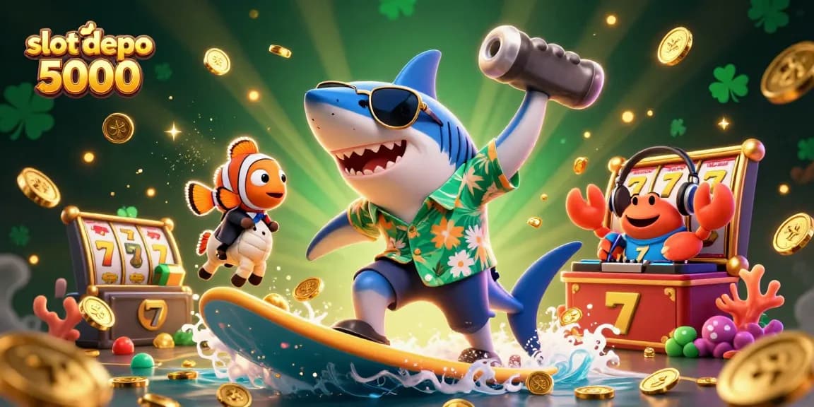 Engage with thrilling slot depo 5000 adventures featuring a shark, clownfish, and DJ crab amidst winning gold coins.
