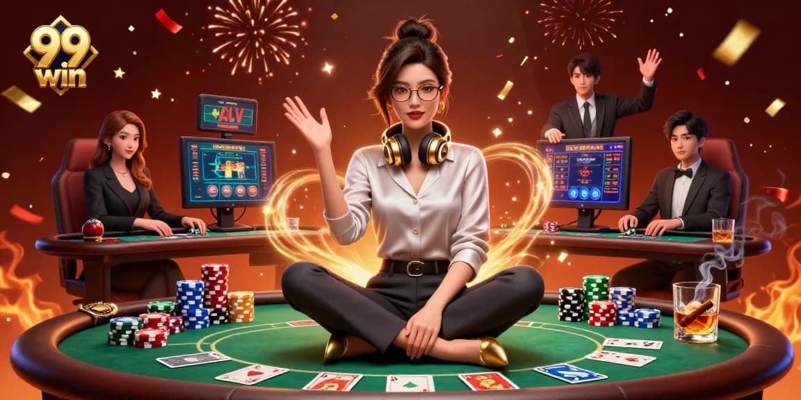Win big at 99 win with this vibrant online casino illustration featuring a gamer.
