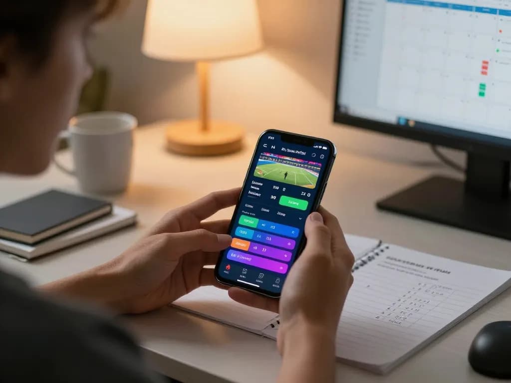 Luck8 trang chủ user engaged in live sports betting, reviewing odds on smartphone in modern home office setting.