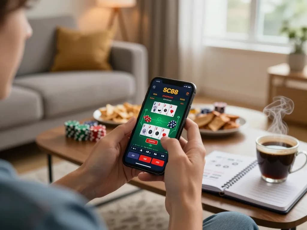 Engaging player utilizing SC88 app for dynamic online blackjack in a cozy setting