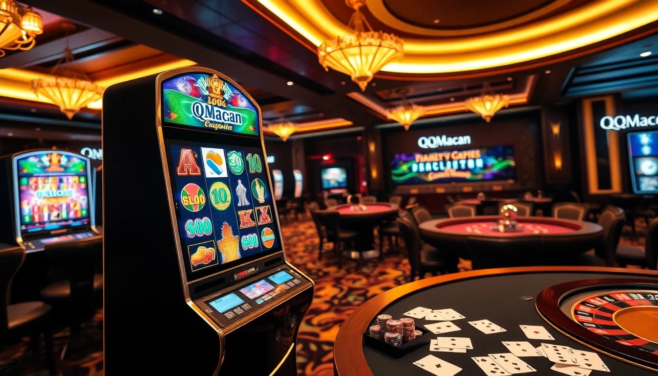 Experience the thrill of gaming at QQMacan’s premium slot machine in a luxurious casino setting.