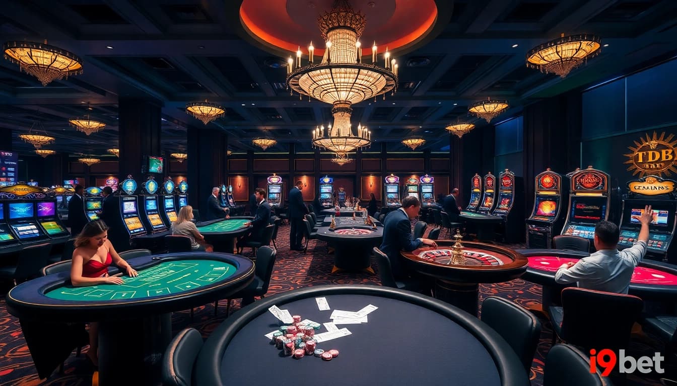 Players enjoying thrilling games at i9bet's luxurious casino floor, featuring blackjack and poker tables.