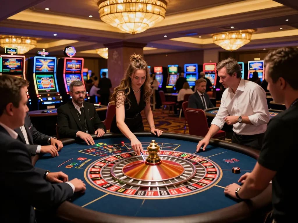 Players enjoying the thrilling lc88 casino experience at a roulette table with vibrant atmosphere