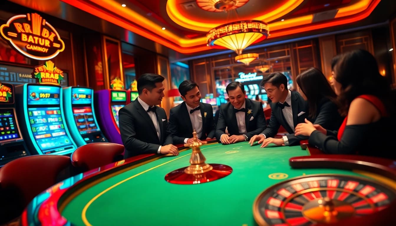 Exciting RR88 casino scene showcasing poker players and slot machines in a luxurious setting.