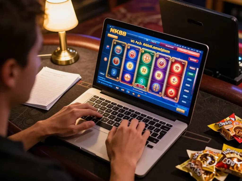 Engaging NK88 player immersed in online gaming action while enjoying a cozy environment.