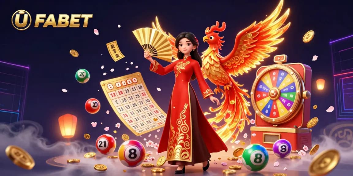 Experience the thrill of gambling at UFABET with a vibrant scene featuring dynamic lottery elements and traditional motifs.