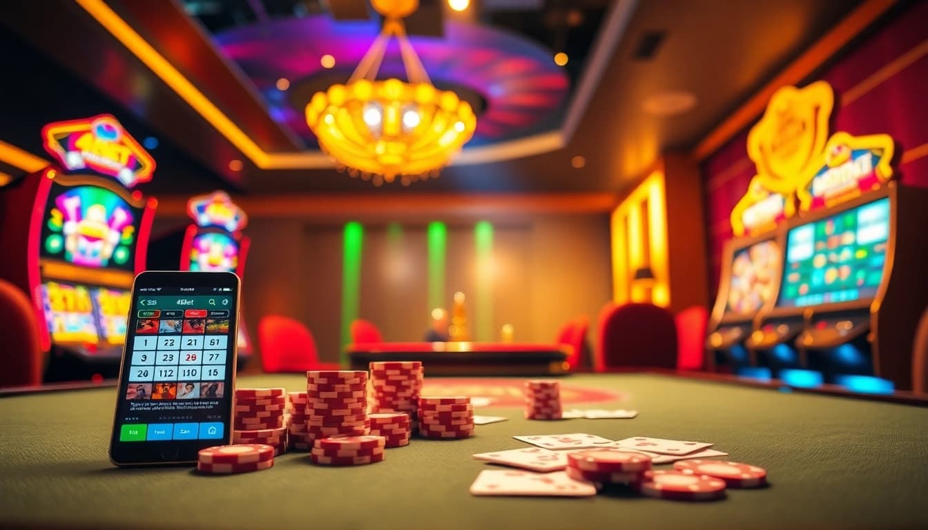 Experimenta la emoción de 488bet con acción de casino vibrante que presenta fichas de póker, cartas y una ruleta.