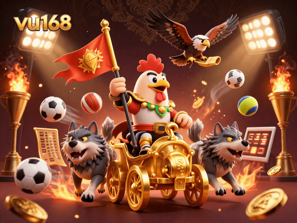 Bet big with vu168 as a 3D cartoon rooster warlord leads a spirited sports betting adventure.