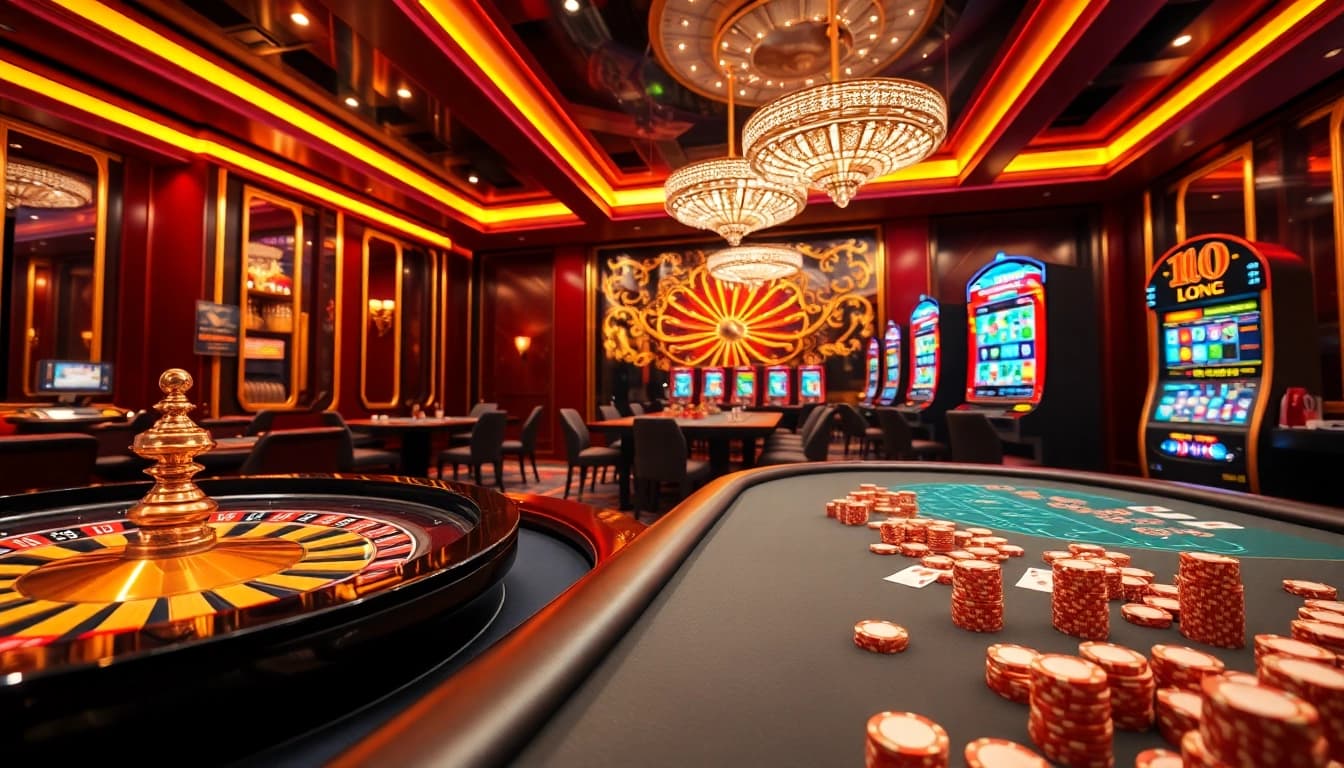 Experience the thrilling atmosphere of Nhà Cái Luckywin with luxurious gaming setups and vibrant casino elements.