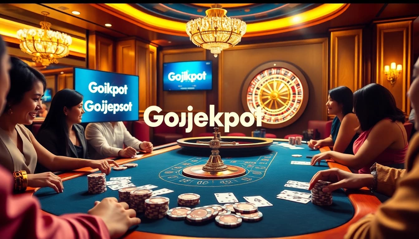 Engaged players strategizing at a luxurious Gojekpot casino table filled with poker chips and cards.