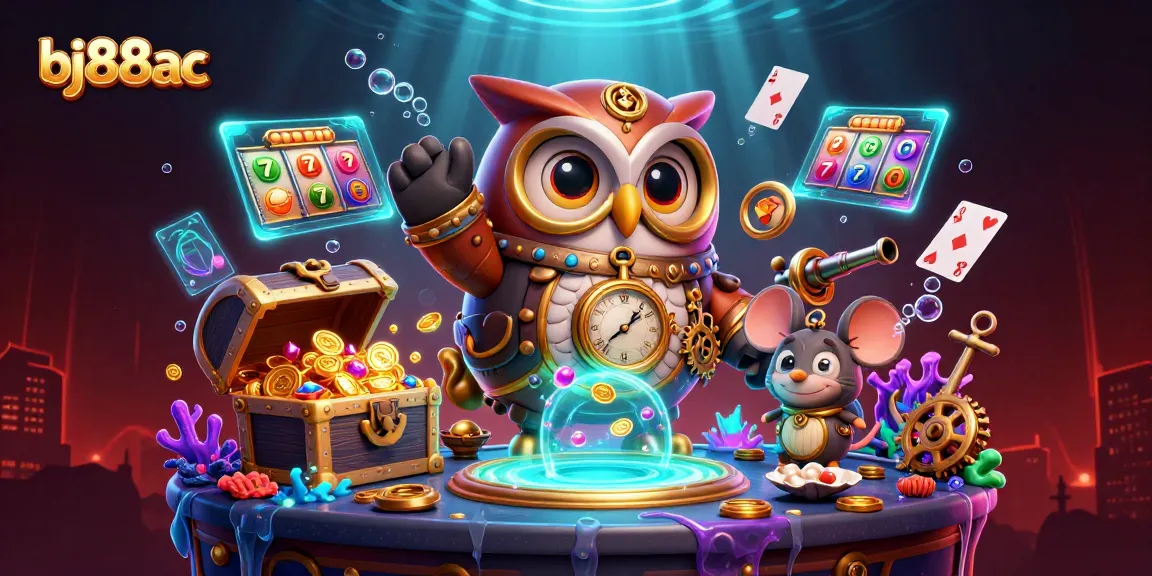 Engage with bj88ac's vibrant slot games scene featuring a playful time-traveling owl and interactive elements.