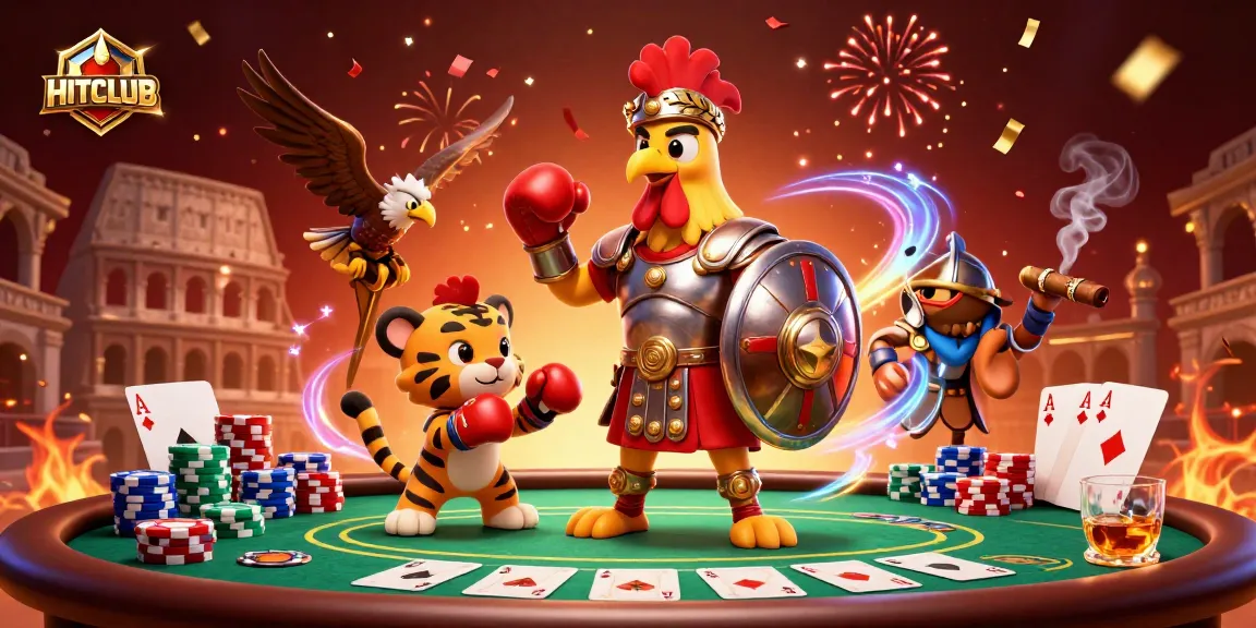 Experience the excitement of HITCLUB in this vibrant, dynamic casino illustration featuring poker elements and energetic characters.