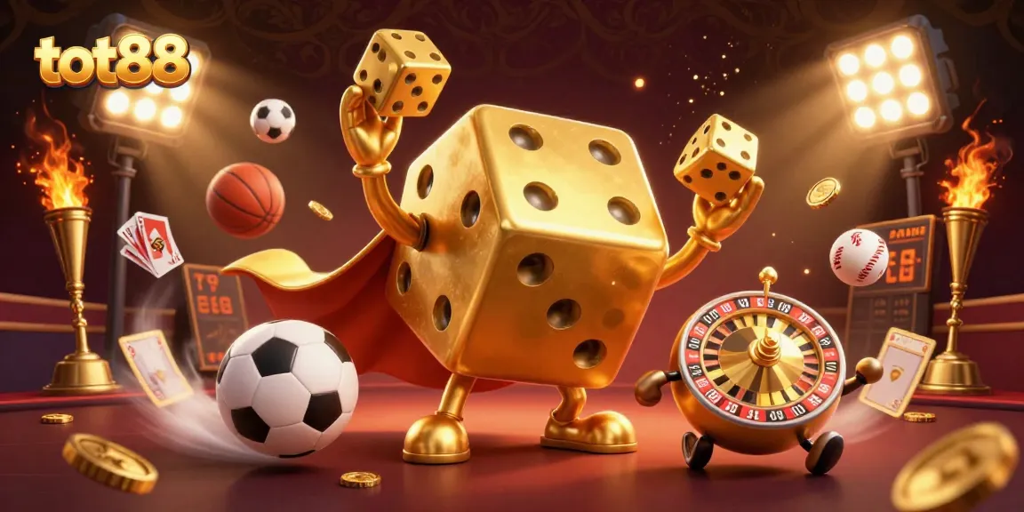 Experience gaming excitement with tot88's vibrant 3D casino illustration featuring golden dice and dynamic sports elements.