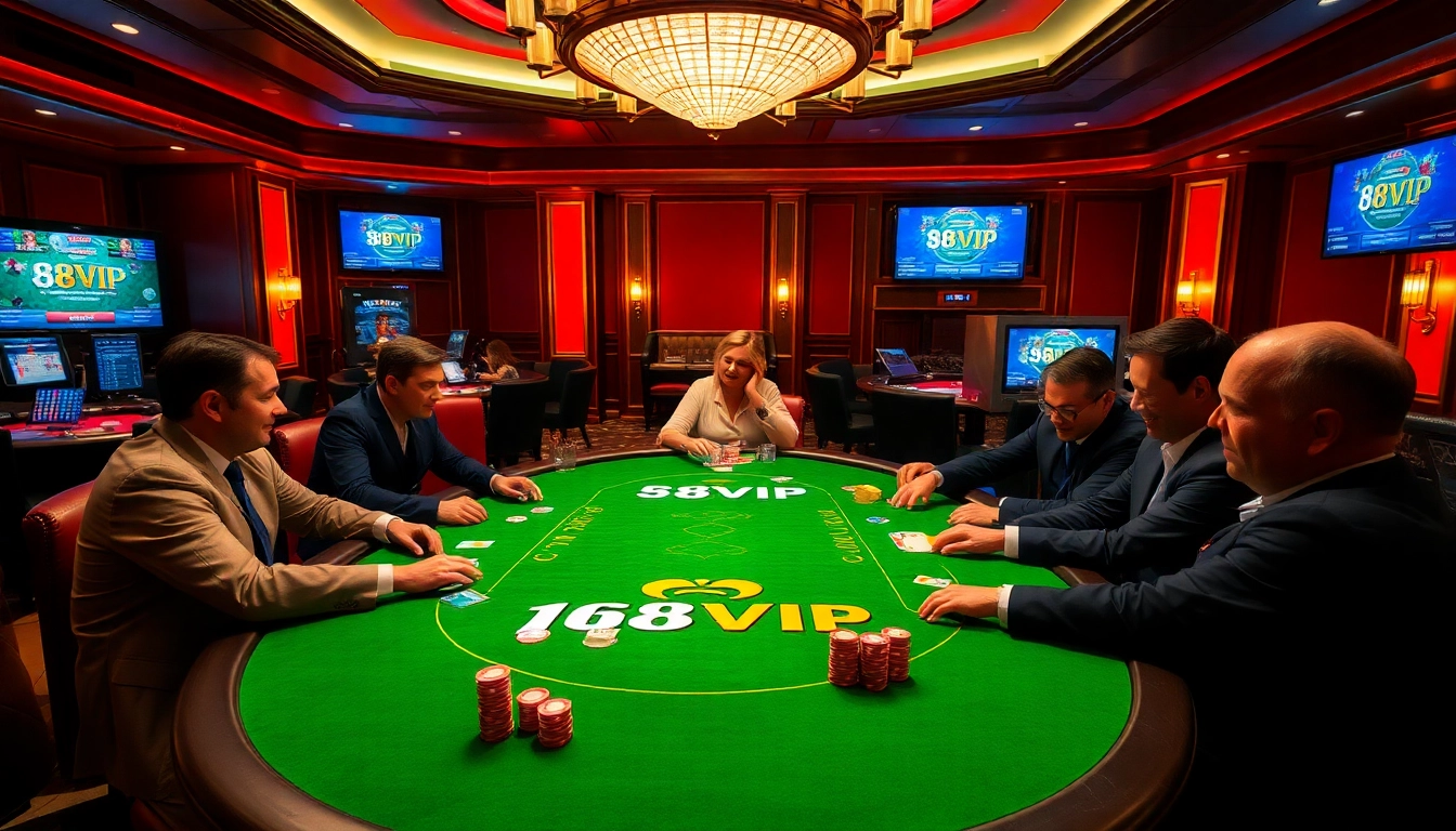 Players engaging in a high-stakes poker game at 68VIP casino, showcasing excitement and professionalism.