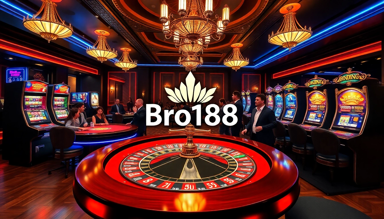 Experience the thrill of Bro138 with a luxurious casino scene showcasing roulette and poker action.