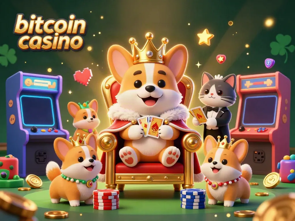 Engage with the captivating bitcoin casino scene featuring royal corgis and vibrant gaming elements.