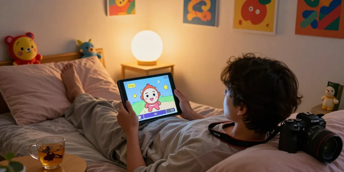 Engaging in ai nsfw chat on a cozy bed with playful character displayed.