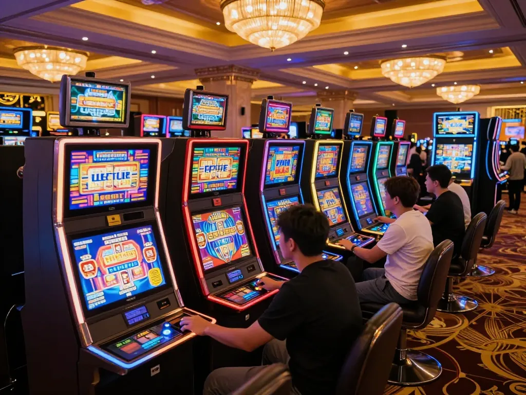 Players enjoying vibrant slot machines at a situs slot venue with dynamic gameplay.