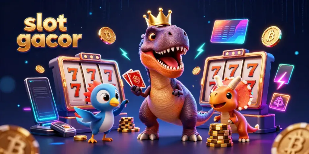 Engage with 'slot gacor' through vibrant characters in a thrilling casino setting.