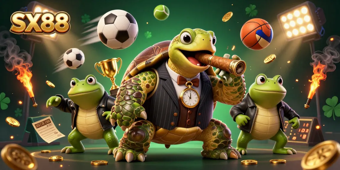 SX88 features a turtle in a suit with bullfrogs amidst dynamic sports elements, casino excitement