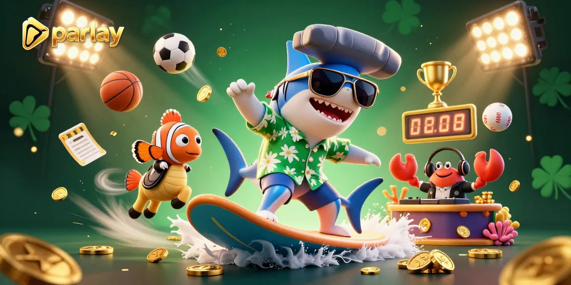 Experience parlay betting excitement with a shark, clownfish, and crab in a dynamic gambling scene filled with sports elements.