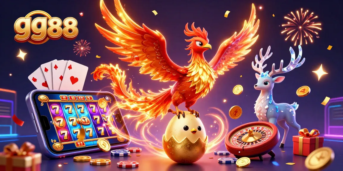 Experience thrilling slots as gg88's vibrant phoenix soars amidst dynamic casino elements.