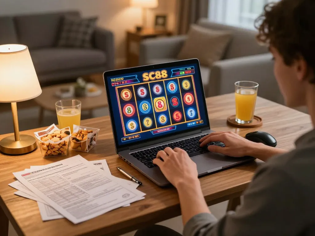 Engaged player enjoying SC88 slots on a laptop in a cozy home environment, highlighting online gambling experience.
