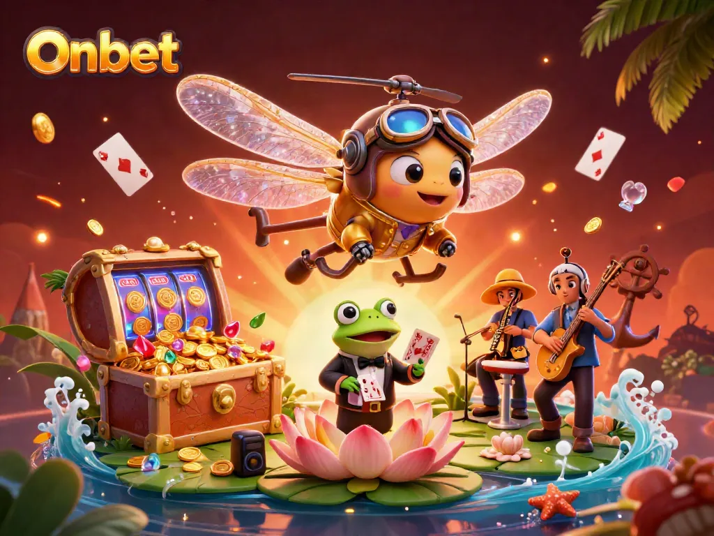 Engage in thrilling Onbet gaming with a whimsical casino scene featuring a helicopter pilot and frog dealer.