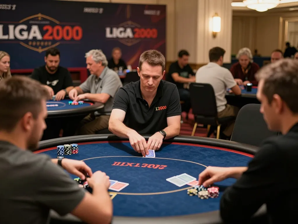 LIGA2000 players competing intensely at poker tables in a luxurious casino atmosphere