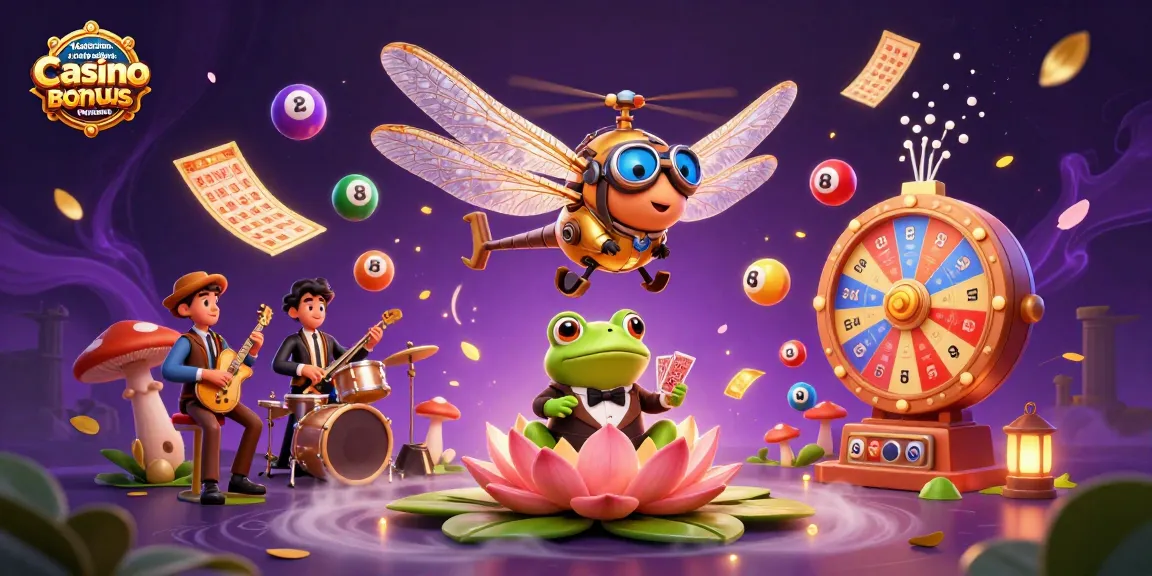 Kategorien und Unterschiede: Casino Bonus ohne Einzahlung showcases a vibrant 3D casino scene with a whimsical dragonfly pilot, frog croupier, and lively musicians.