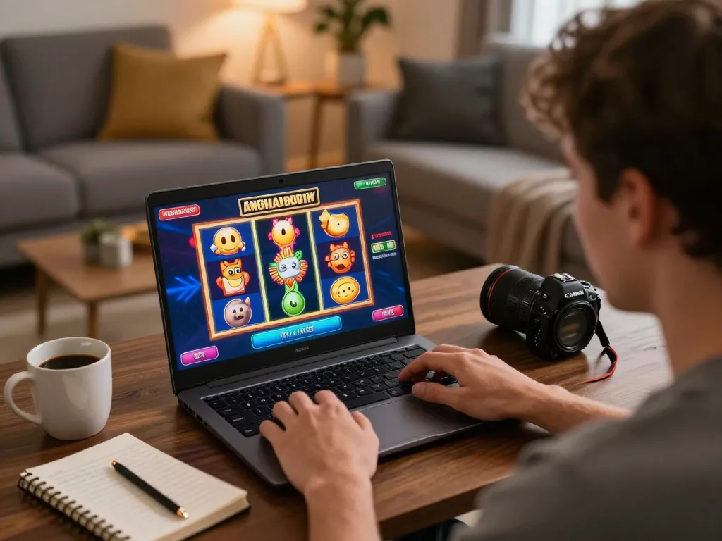 Energileisureparks user enjoying slots gameplay on a laptop in a cozy home setting