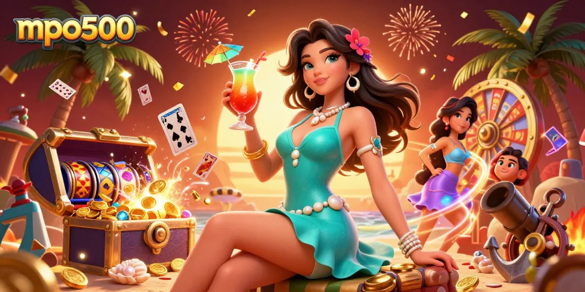 Spin to win at mpo500 with vibrant slots, a stunning cocktail, and festive casino atmosphere.