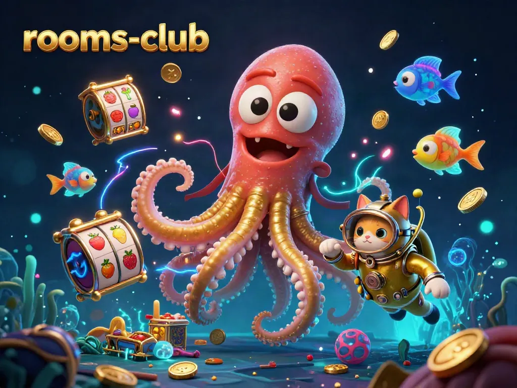 Raih kemenangan dengan rooms-club dalam ilustrasi perjudian luar biasa yang menampilkan karakter kraken dan ikan bioluminescent.