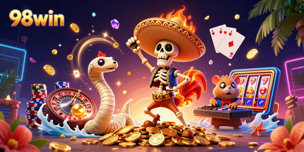 Immerse in the excitement of 98win with dynamic casino characters amidst cascading coins and vibrant game elements.
