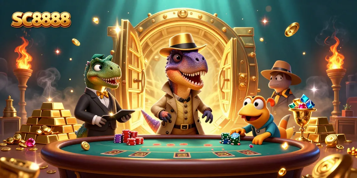 Experience SC8888 with dynamic 3D casino characters and rich gold treasures in this vibrant gambling scene.