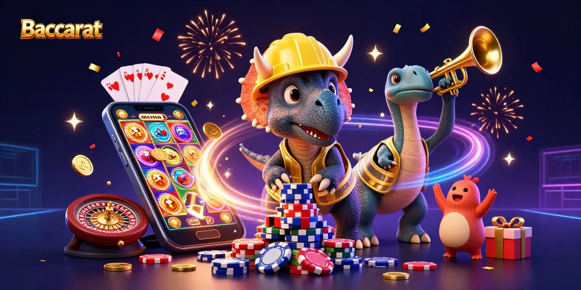 Baccarat illustration with a triceratops and parasaurolophus celebrating a stacked chip pyramid amidst casino elements.