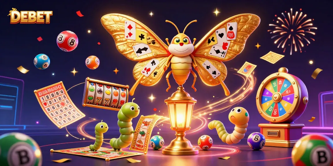 Engage with DEBET by experiencing an exciting casino scene filled with vibrant lottery elements and golden decorations.