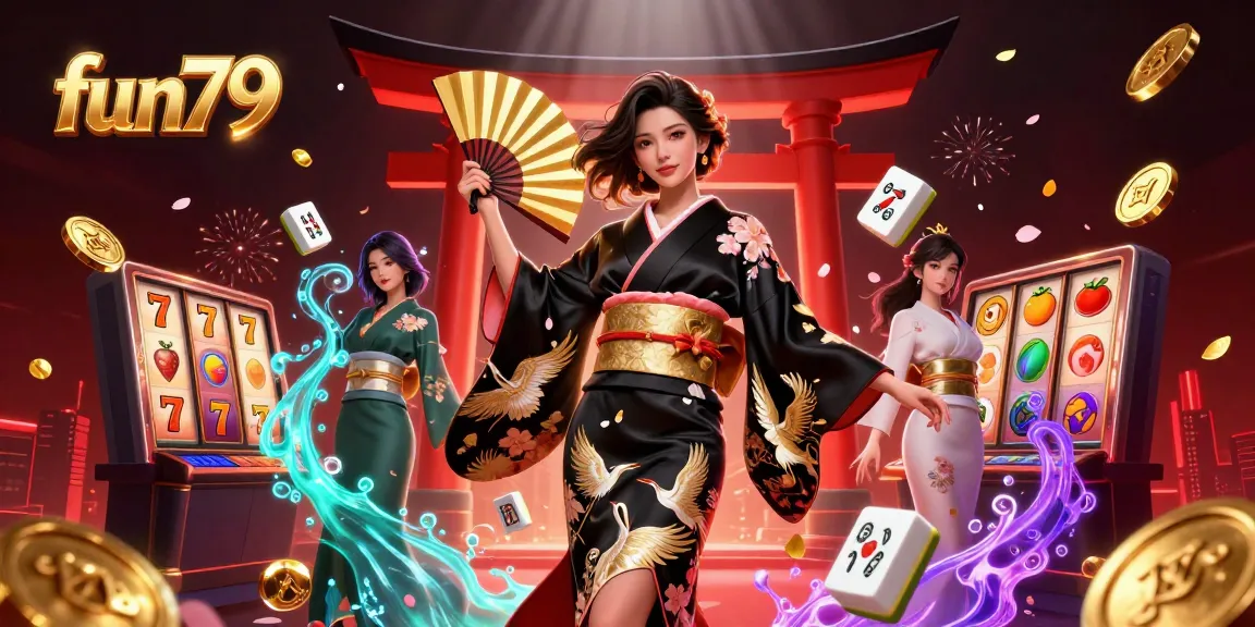 Play slots at fun79 with an elegant Asian woman in a vibrant casino scene filled with gold and luck.