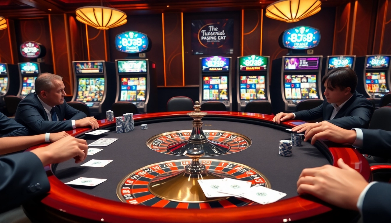 Gambling excitement at BJ38, featuring poker chips and roulette wheel in a luxurious casino setting.