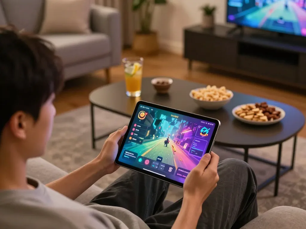Engaging in gameplay on the ok365 app in a cozy setting, showcasing a vibrant online casino atmosphere
