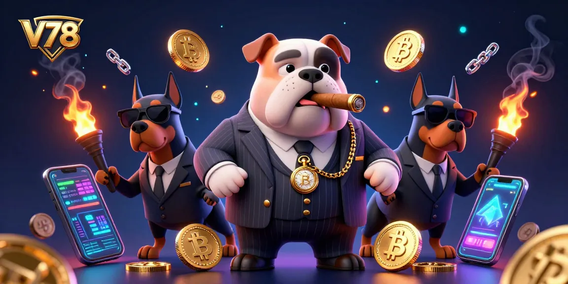 Rasakan permainan yang mendebarkan dengan V78, menampilkan bos mafia bulldog dikelilingi oleh koin Bitcoin dan elemen kasino.