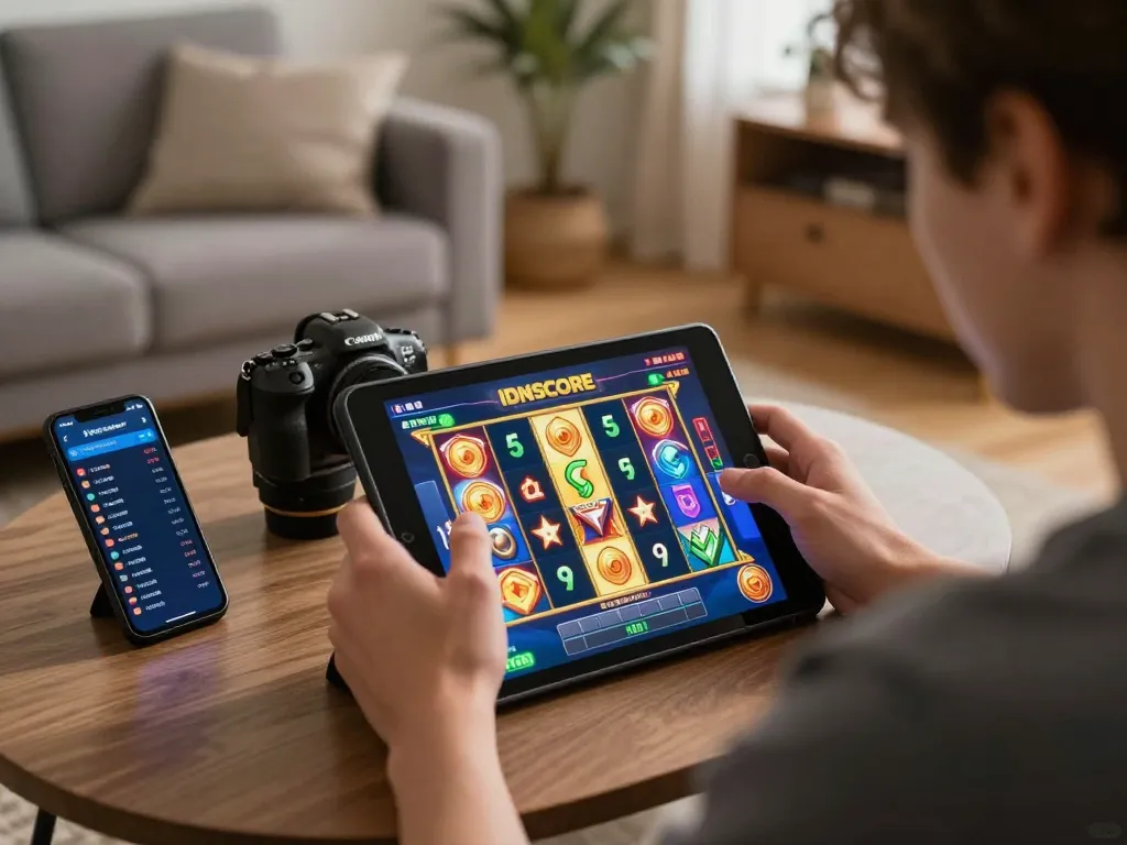 IDNSCORE player enjoying slot games on tablet in a cozy home setting.