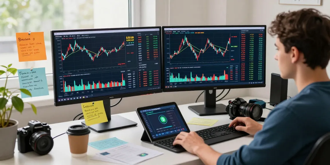 Трейдер анализирует отзывы BitMEX на нескольких экранах в современном офисе