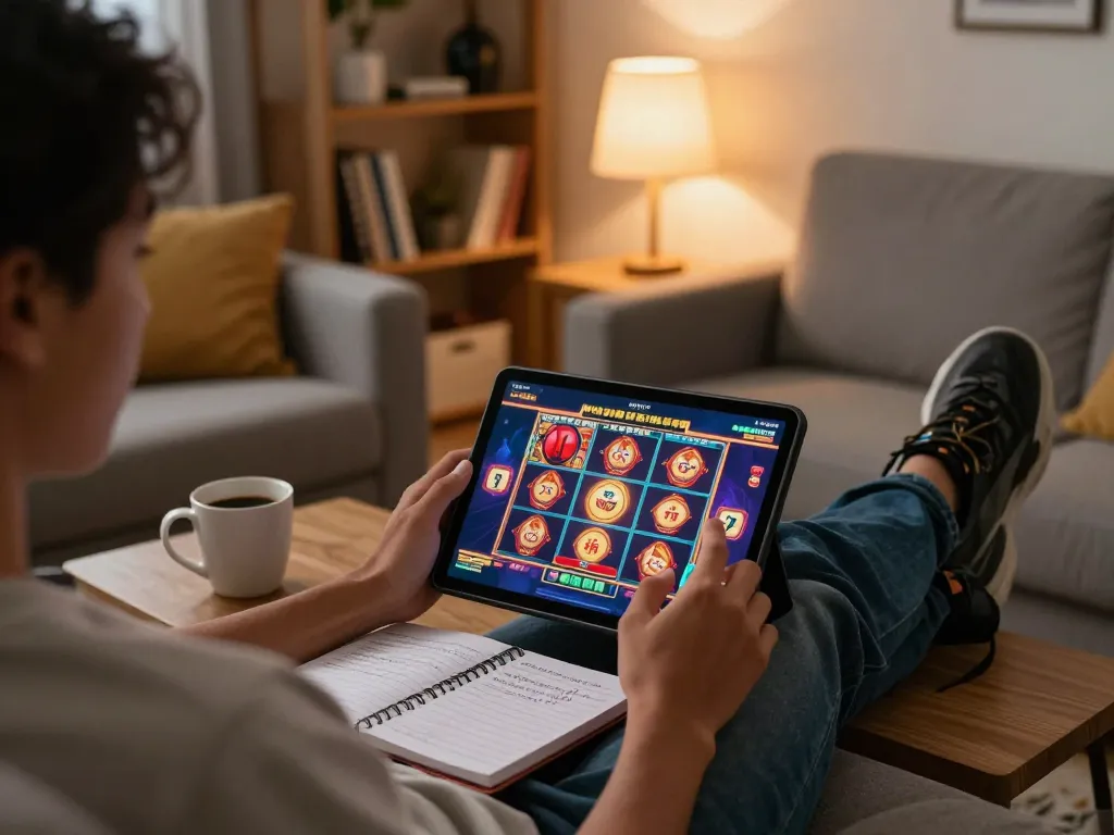 KONG88 online gaming scene showing player on tablet, vibrant visuals, notebook with strategies, cozy atmosphere.